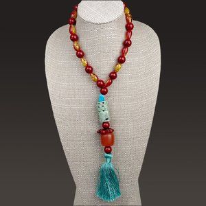 Jade Elephant Column/Pillar Pierce Carved Pendant Beaded Necklace